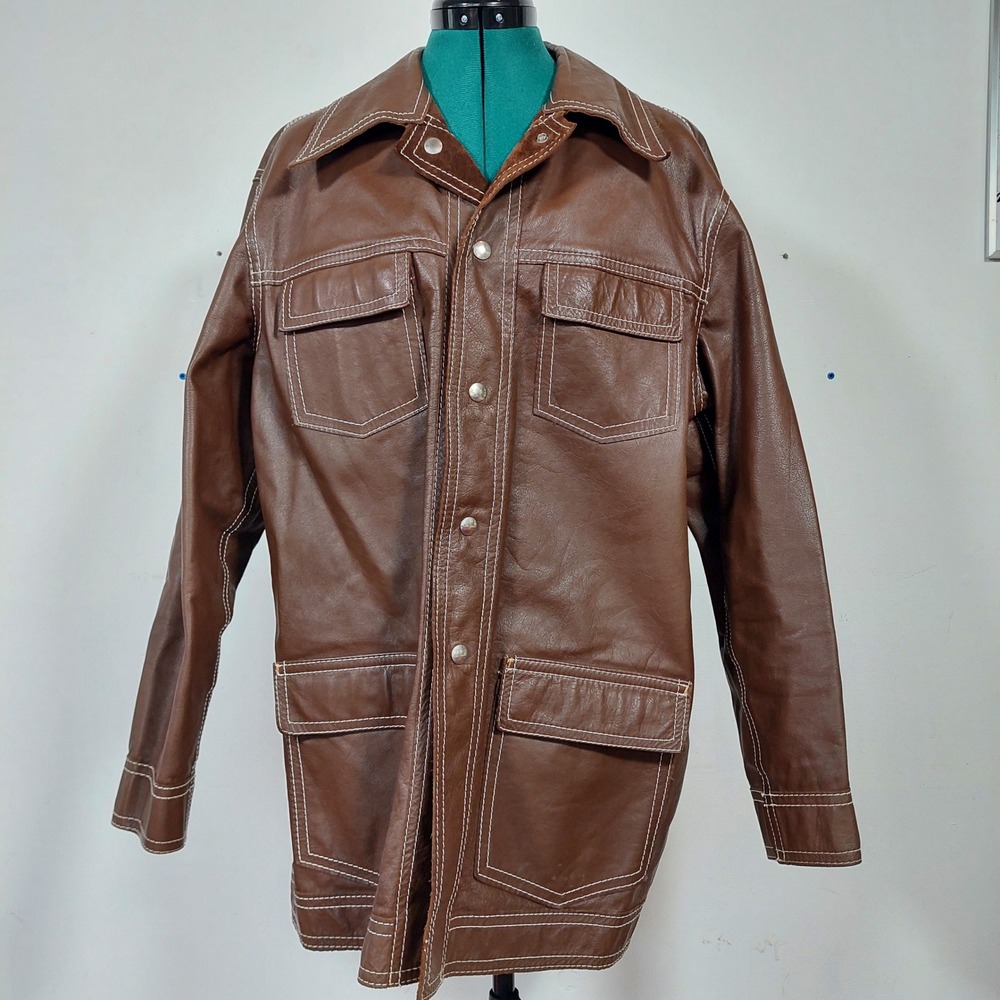 Vintage 70s Reversible Leather Suede Safari Jacket Brown Contrast Stitch Mens 42